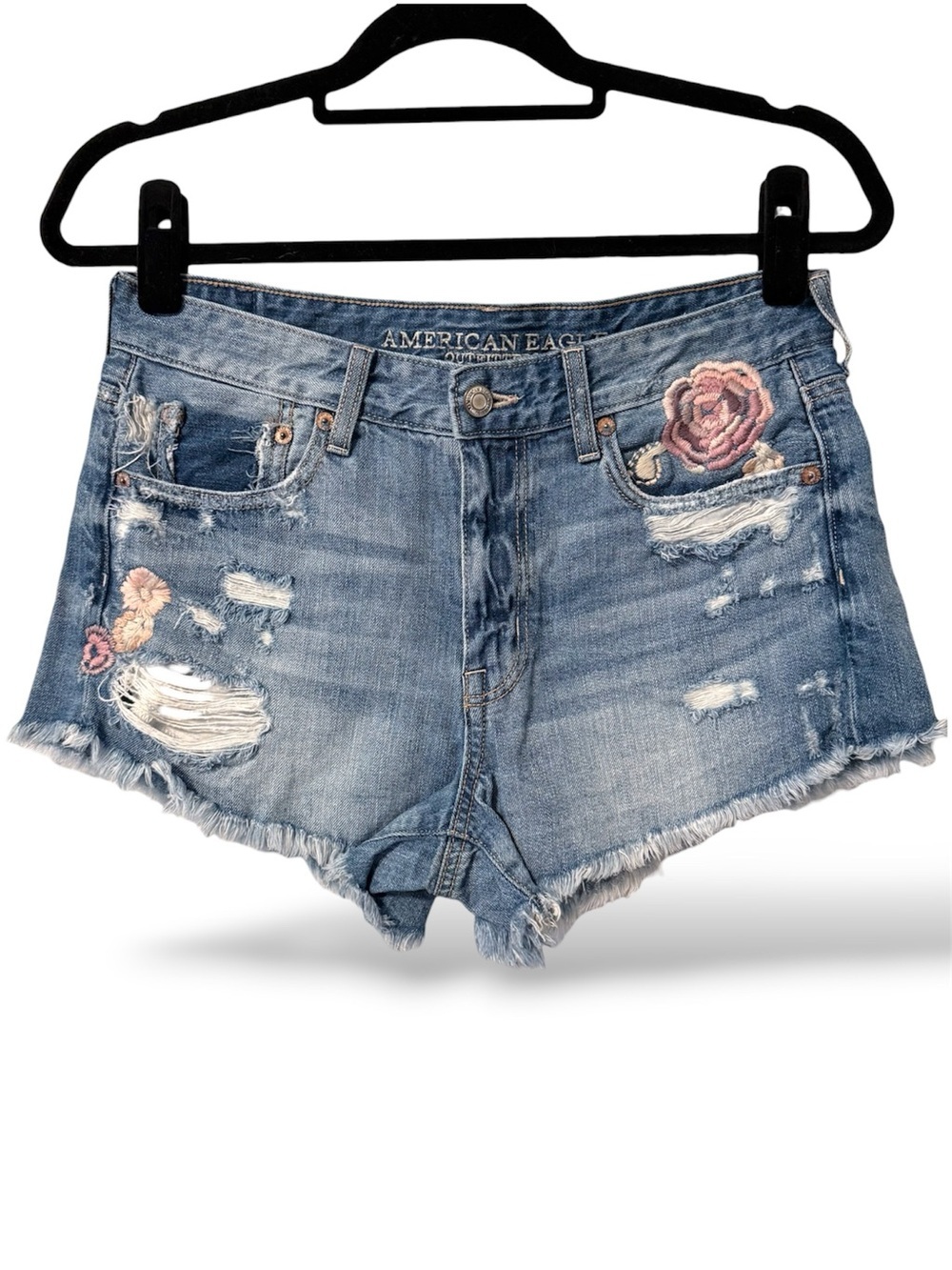 American Eagle Embroidered Floral Festival Distressed Denim Shorts Size 4